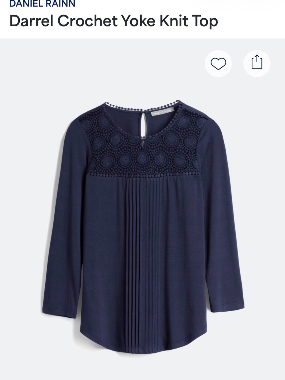 Daniel Rainn Navy Crochet Yoke Pleated Long-Sleeve Top